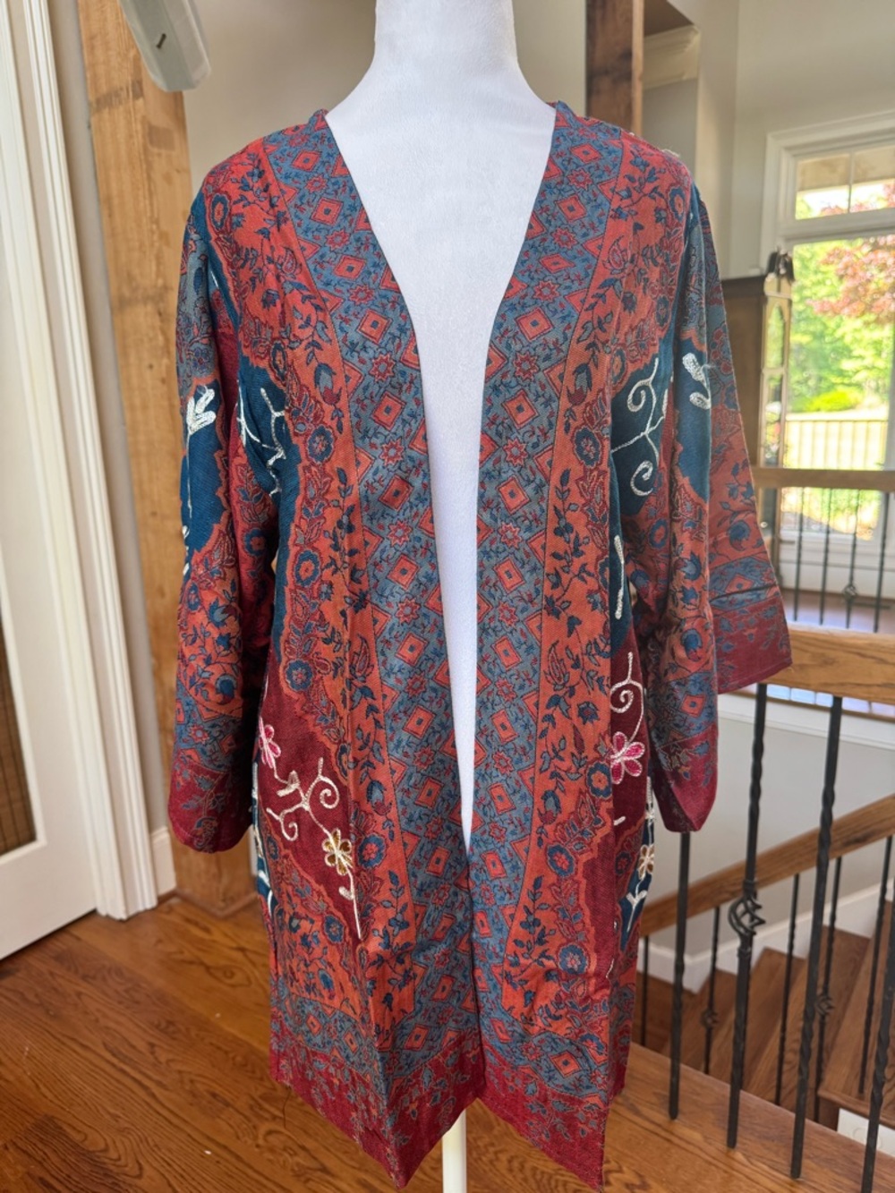 Raj Rust Red Teal Blue Embroidered Floral Kimono oversized relaxed lightweight - Picture 3 of 8